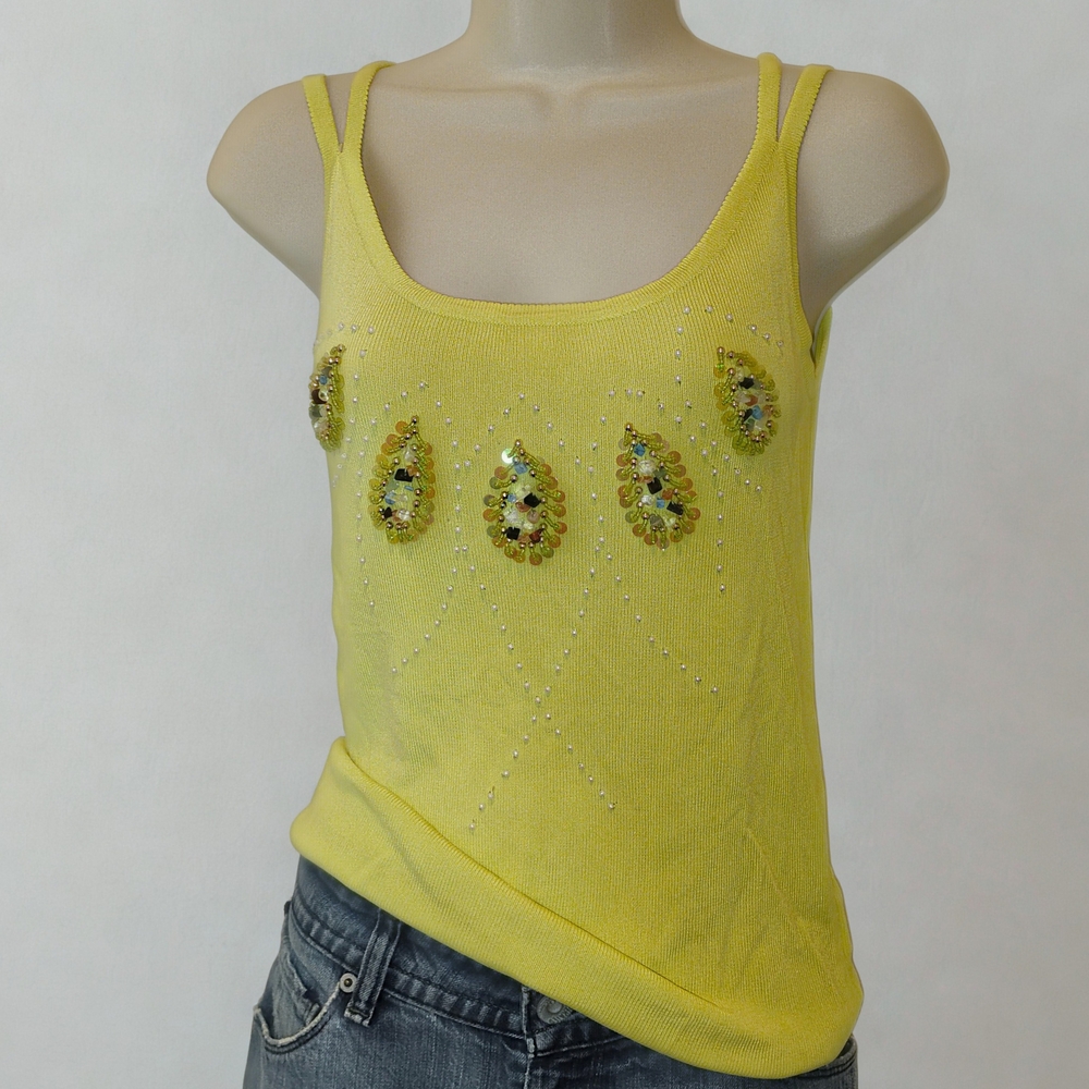Y2K Vintage Beaded Tank Top | Festival Camisole | Retro 2000s Lemon Yellow